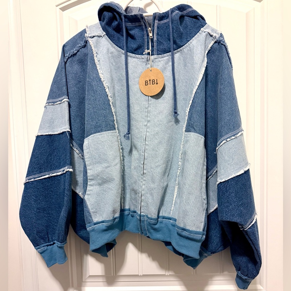 Bibi Patchwork Denim Full Zip Hooded Jacket Small… - image 1